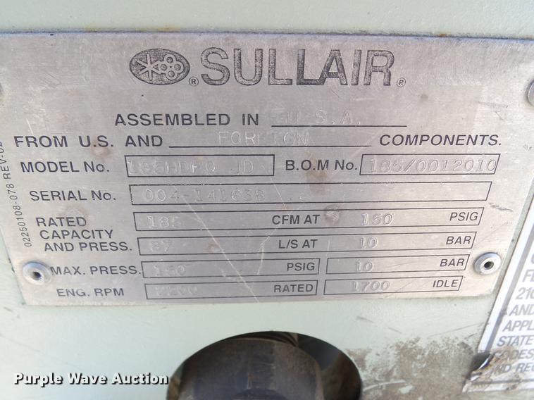 image for item DZ9291 2010 Sullair 185HDPOJD air compressor