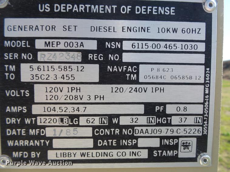 image for item DE3623 1985 Libby Welding Co. MEP003A generator