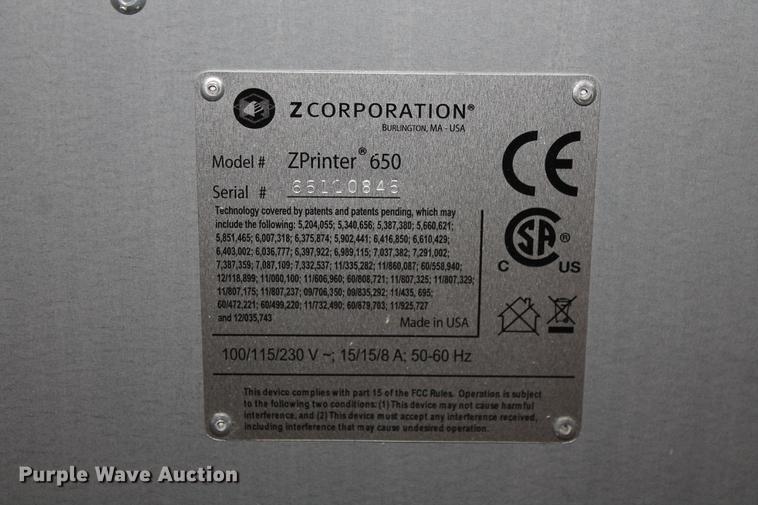 image for item DZ9863 Z-Corporation Zprinter 650 3D printer