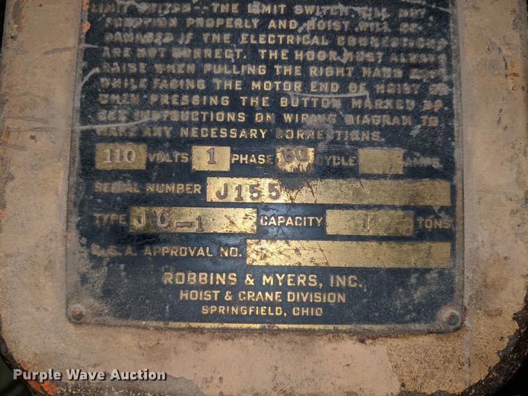 image for item DZ9867 Robbins & Myers JC-1 overhead crane hoist