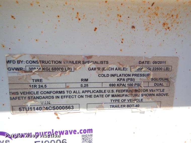 image for item EI9006 2012 Construction Trailer Specialist, Inc. BDT-40 bottom dump trailer