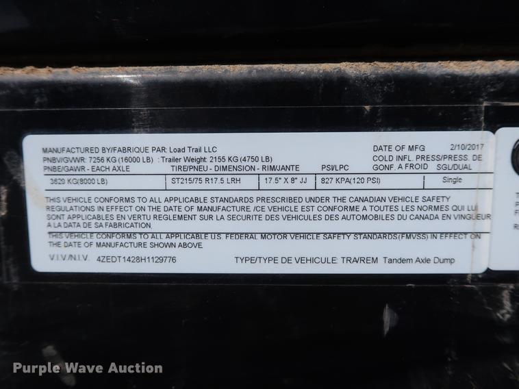 image for item DF3703 2017 Load Trail dump trailer