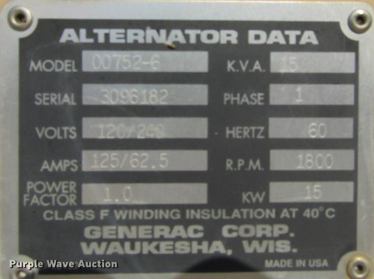 image for item DD2712 1998 Generac 00752-6 generator