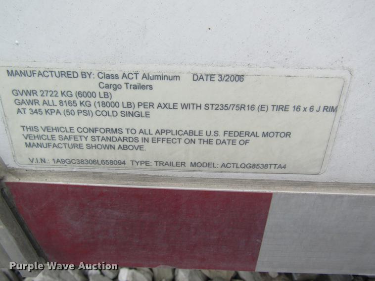 image for item DD8417 2006 Aluminum Cargo Trailers ACTLQ8538TTA4 enclosed cargo trailer