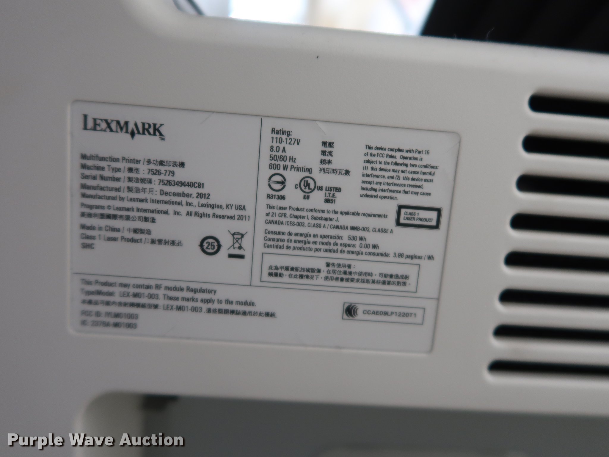 Lexmark XS748DE printer in Nevada, MO Item DF3679 sold Purple Wave