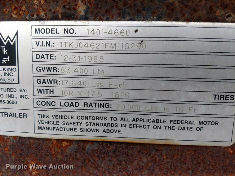 image for item EJ9577 1986 Load King 1401-4660 equipment trailer