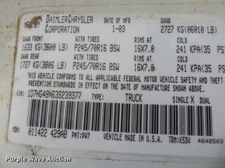 image for item DE3668 2003 Dodge Dakota SLT Quad Cab pickup truck