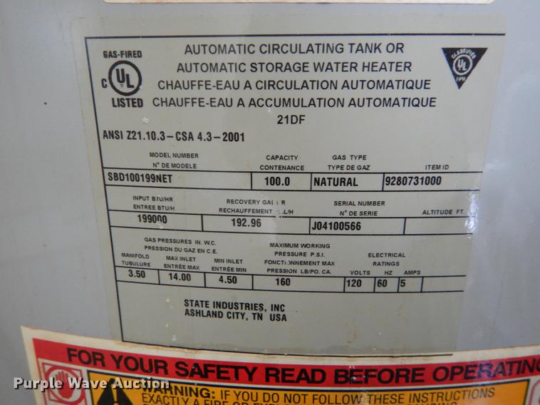 State hot water heater in Atchison, KS Item EK9257 sold Purple Wave