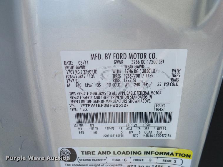 image for item DD8197 2011 Ford F150 SuperCrew pickup truck