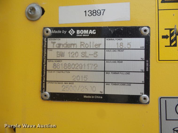 image for item DC7288 2015 Bomag BW120SL-5 double drum vibratory roller