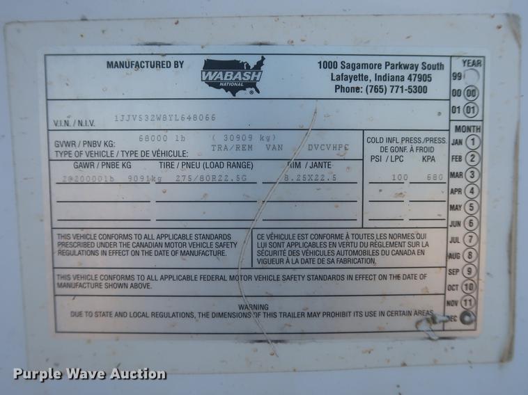 image for item DD9589 2000 Wabash dry van trailer