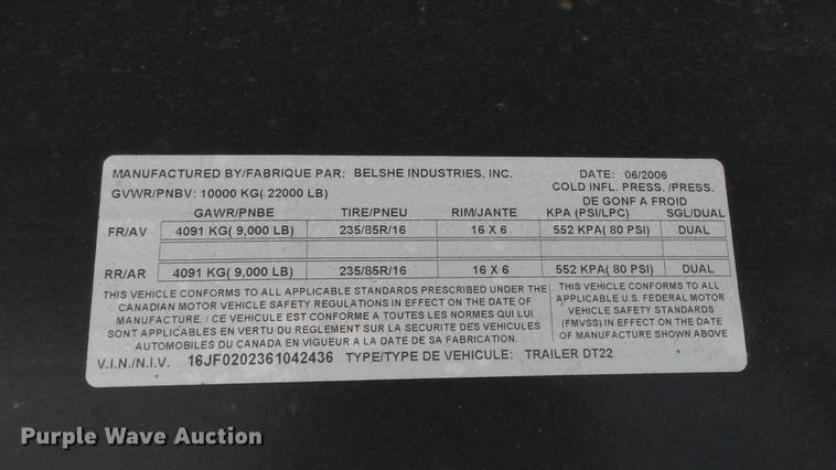 image for item DE6654 2006 Belshe DT22 equipment trailer