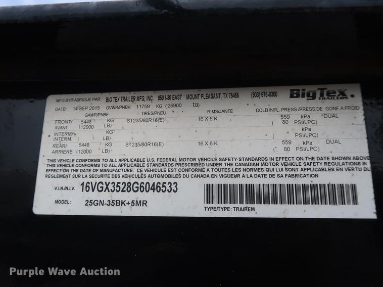 image for item EP9419 2016 Big Tex 25GNHD equipment trailer