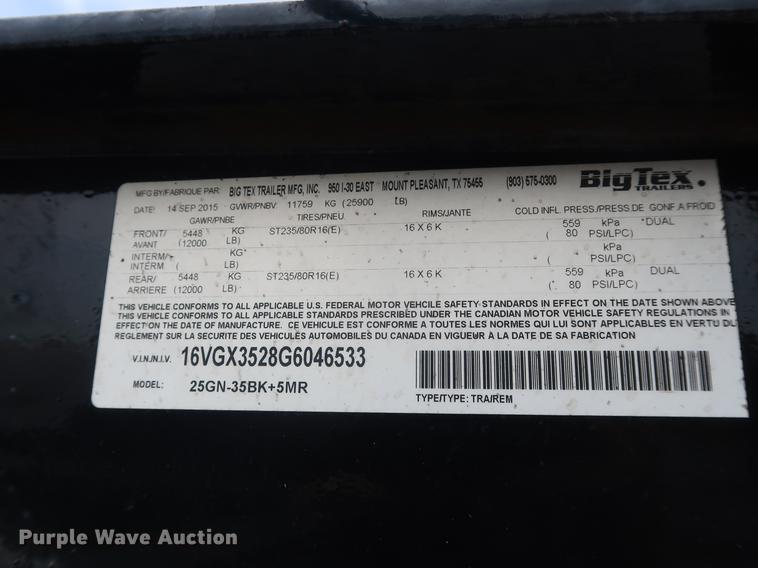 image for item EP9419 2016 Big Tex 25GNHD equipment trailer