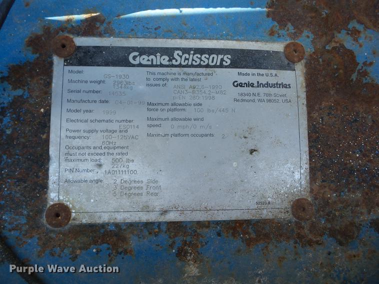 image for item BI9514 1999 Genie GS-1930 scissor lift