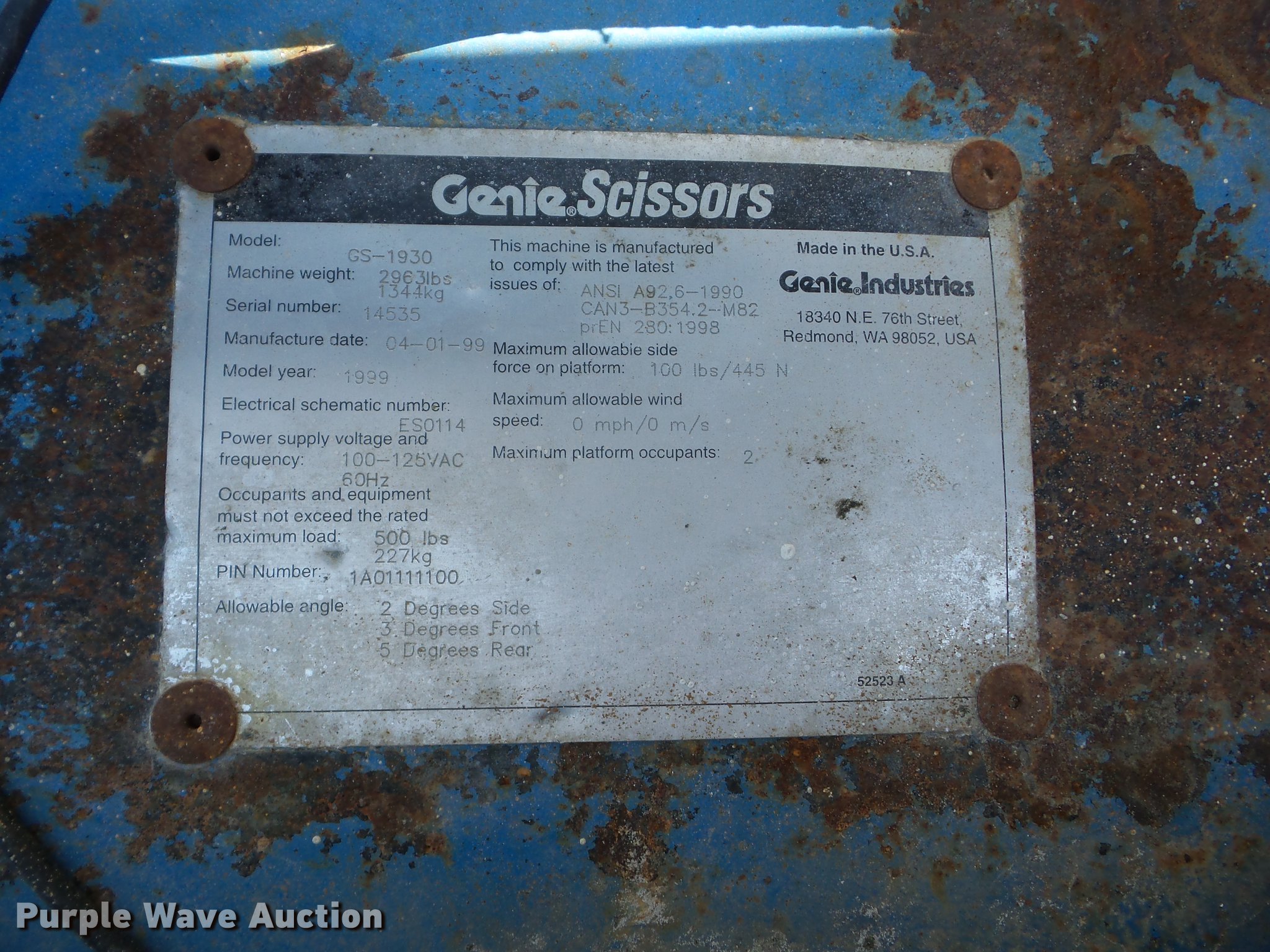 1999 Genie GS-1930 scissor lift in Iola, KS | Item BI9514 sold | Purple