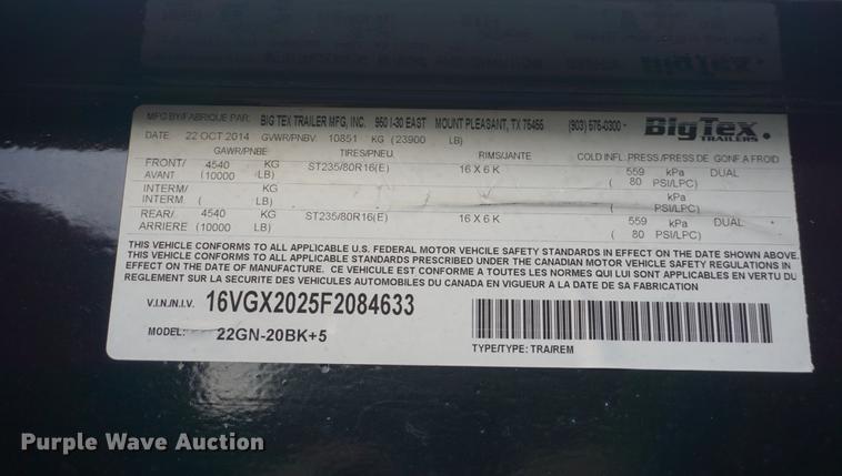 image for item DD7719 2015 Big Tex 22GNHD equipment trailer