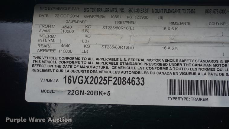 image for item DD7719 2015 Big Tex 22GNHD equipment trailer