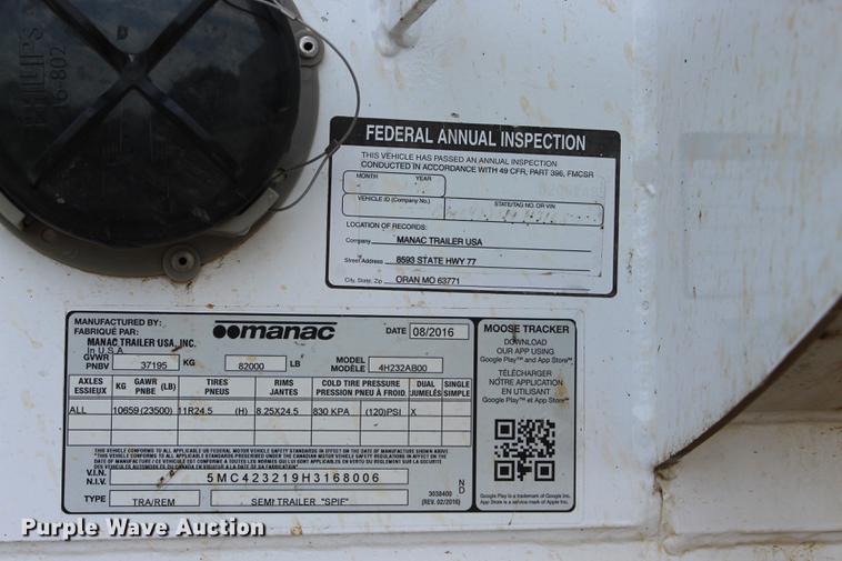 image for item BE9342 2017 Manac end dump trailer