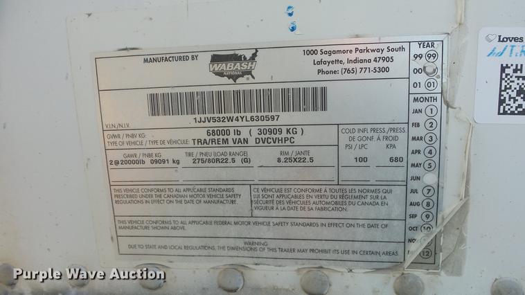 image for item DF4278 2000 Wabash dry van trailer