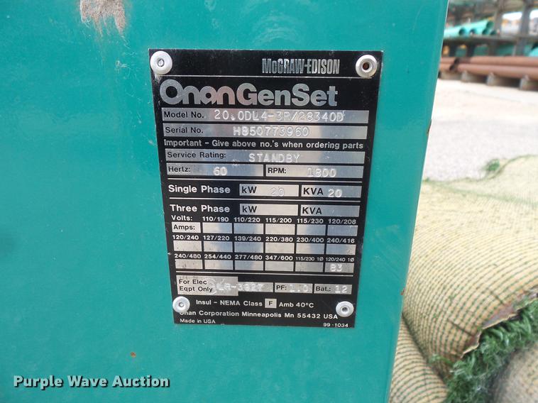 image for item DV9390 Onan 20.0DL-4-3R/28340D generator