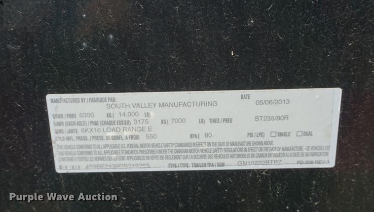 image for item DD7778 2013 South Valley tilt deck equipment trailer