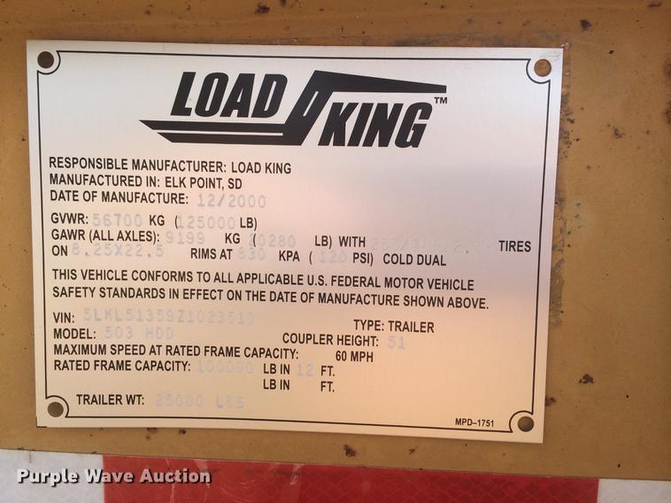 image for item DD8889 2001 Load King lowboy equipment trailer