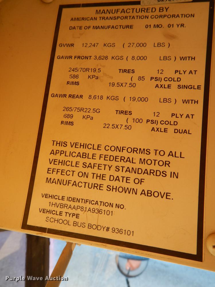 image for item DB8393 2001 International 3800 ATC school bus