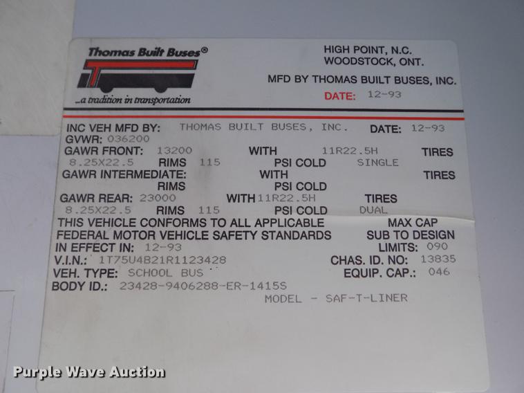 image for item DB9237 1994 Thomas Built Saf-T-Liner ER school bus