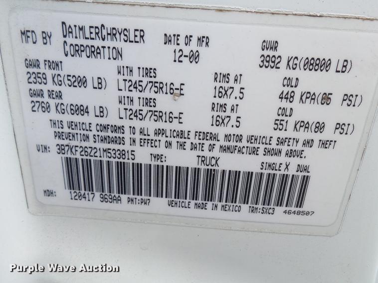 image for item DB7070 2001 Dodge Ram 2500 pickup truck