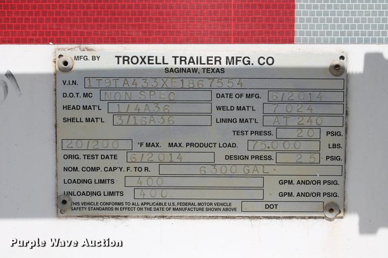 image for item DD4987 2014 Troxell 150BBL vacuum tank trailer
