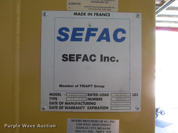 image for item DX9449 2002 Sefac 1200M65 auto column lift