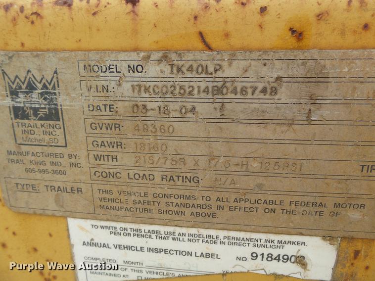 image for item DB7057 2004 Trail King TK40LP equipment trailer