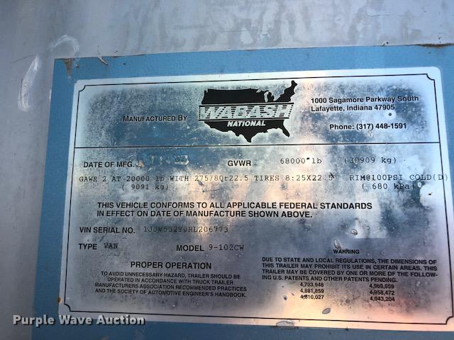 image for item G1309 1993 Wabash dry van trailer