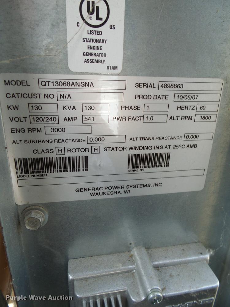 image for item DE5166 2007 Generac QT13068ANSNA generator