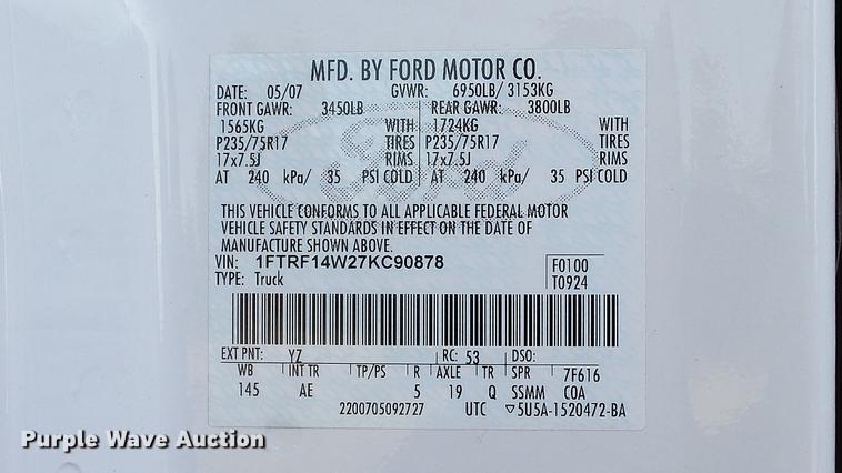 image for item DD7259 2007 Ford F150 XL pickup truck