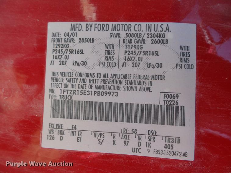 image for item DW9641 2001 Ford Ranger XLT SuperCab pickup truck