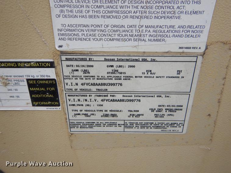 image for item EO9551 2008 Ingersoll Rand P185WJD air compressor