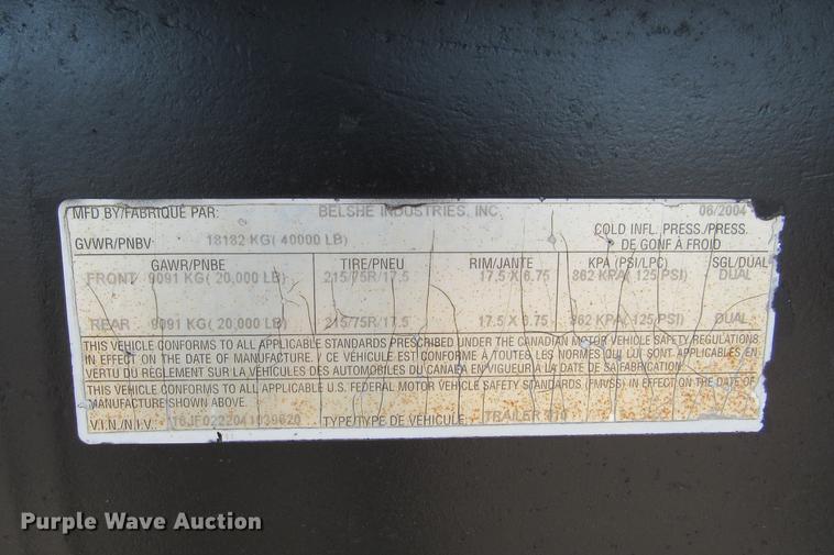 image for item DE0189 2004 Belshe T10 equipment trailer
