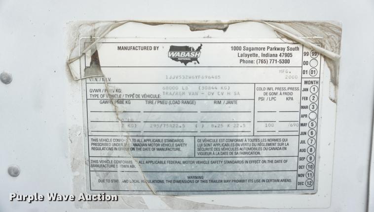 image for item DD6494 2000 Wabash dry van trailer