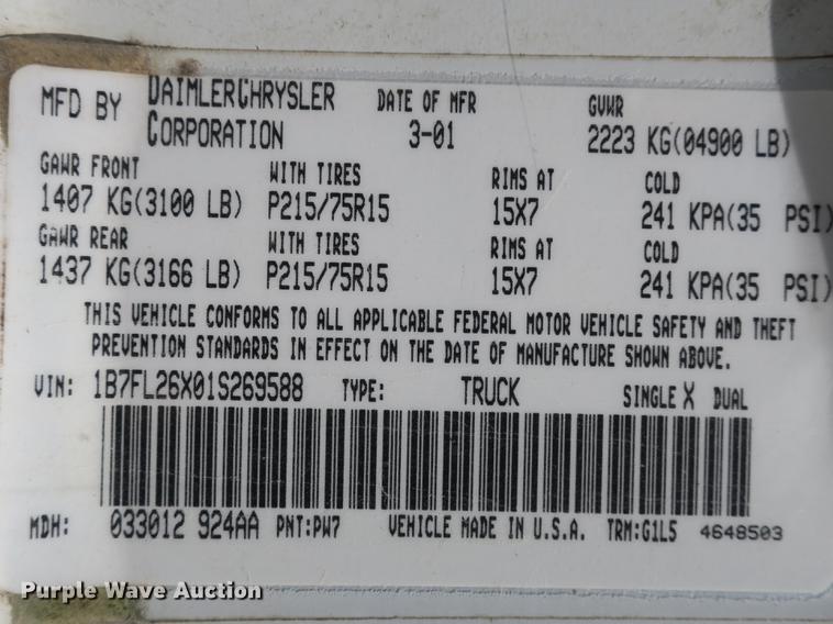 image for item DE3820 2001 Dodge Dakota pickup truck