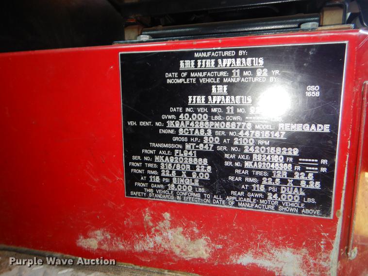 image for item EO9572 1993 KME Renegade Custom SFD fire truck