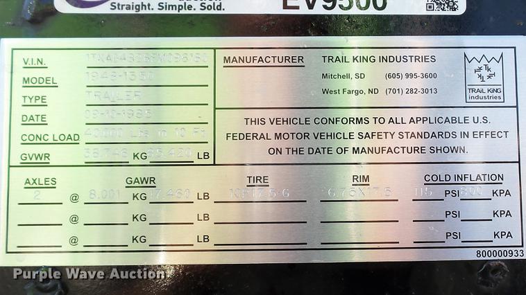 image for item EV9500 1985 Trail King 1948-1350 drop deck equipment trailer