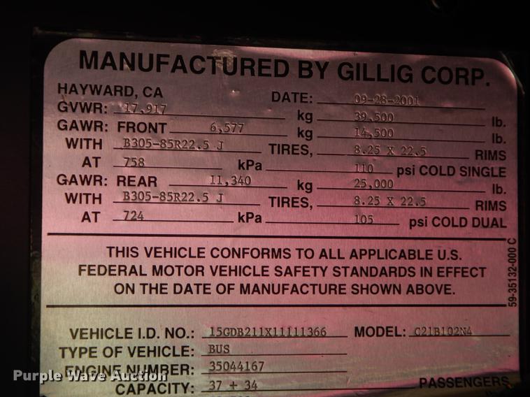 image for item DB6204 2001 Gillig C21B102N4 transit bus