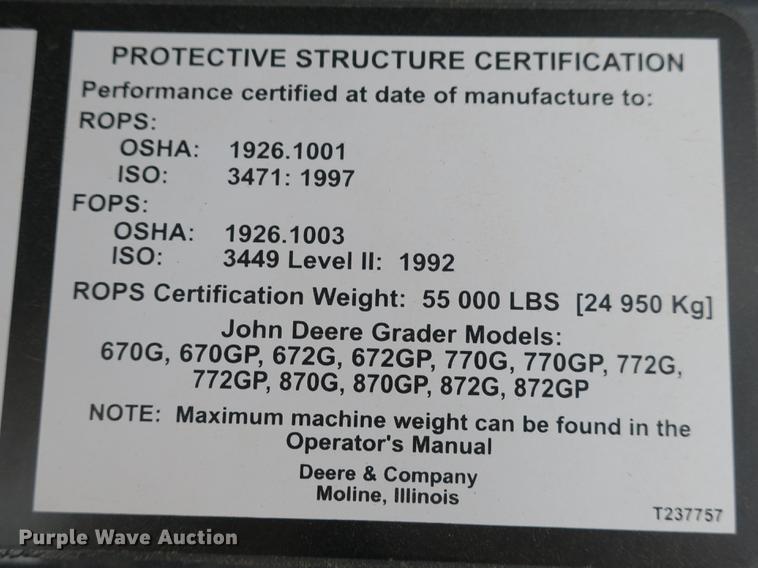 image for item DB8997 2012 John Deere 772GP motor grader