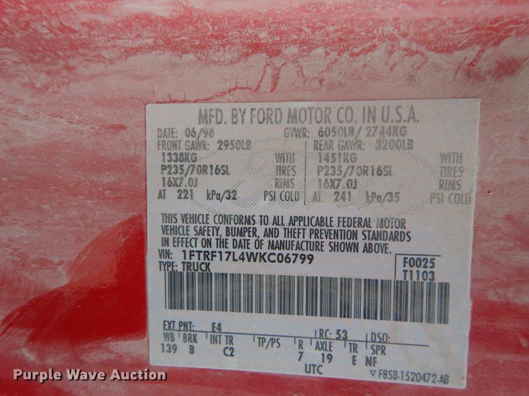 image for item DF1808 1998 Ford F150 XL pickup truck