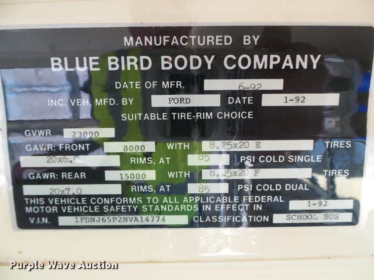 image for item DF2758 1992 Ford B600 Blue Bird school bus
