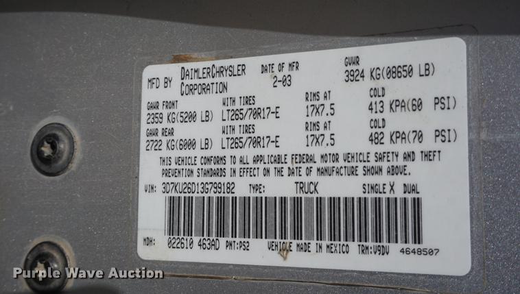 image for item DD6593 2003 Dodge Ram 2500 pickup truck