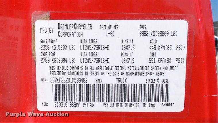 image for item DD7397 2001 Dodge Ram 2500 pickup truck