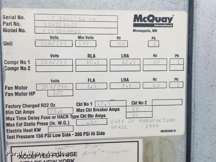 image for item G1338 McQuay water source air handler